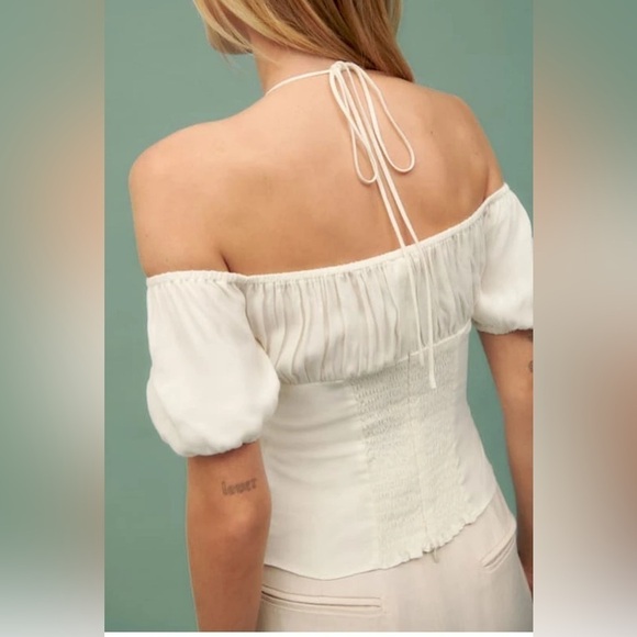 Reformation  Puff Sleeve Smocked Blouse Top in Cream Size 10 - Picture 15 of 15